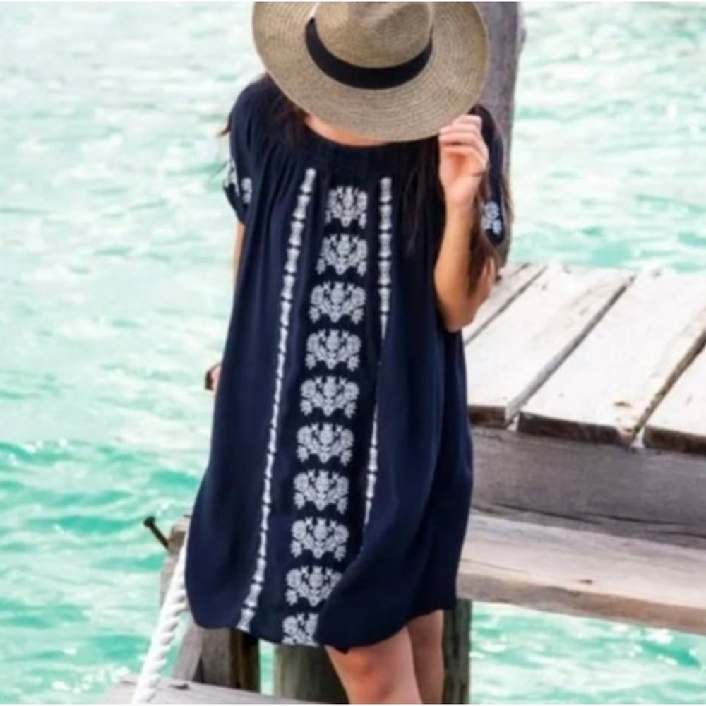 LOFT Navy Dress with White Embroidered Front